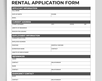 Rental Application Form, Printable Application Form Template, Landlord Form, Residential Tenant Application, Instant Download, Editable