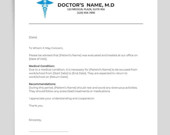 Doctor Excuse Note Template, Editable Doctor Note for School or Work, Excuse Letter, Sick Note, Printable, Instant Download
