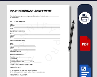 Boat Purchase Agreement Template | Editable Boat Sale Contract | Printable Boat Sale Agreement Form | MS Word Document | PDF Ready to use