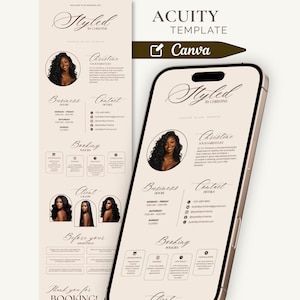 Puede incluir: Una plantilla digital para programación Acuity mostrada en un teléfono inteligente y un diseño vertical. El diseño presenta un fondo beige con texto negro, incluyendo el título Styled by Christine, horarios comerciales, contacto y políticas.