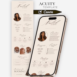 May include: A digital Acuity template for Canva displayed on a smartphone and a vertical layout. The design features a beige background with black text, including the title Nailed by Christine, business hours, contact details, and booking policies.