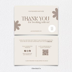 May include: Beige business thank you card with brown floral accents. The card reads "THANK YOU for booking with us!" and includes space for a logo and website. The bottom of the card includes social media icons and a QR code.