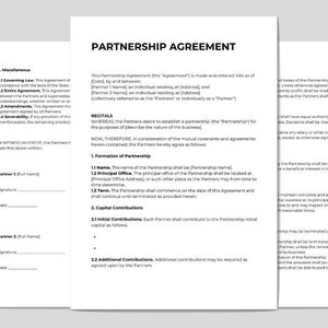 Partnership Agreement Template Form, Business Partner Contract Agreement, Partnership Contract for small business, Fully Editable Template