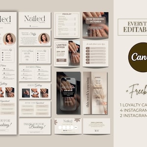 May include: A collection of marketing materials for a nail salon, including price lists, booking information, and client gallery examples. The design is in neutral tones with the text "Nailed" and "Everything Editable in Canva".