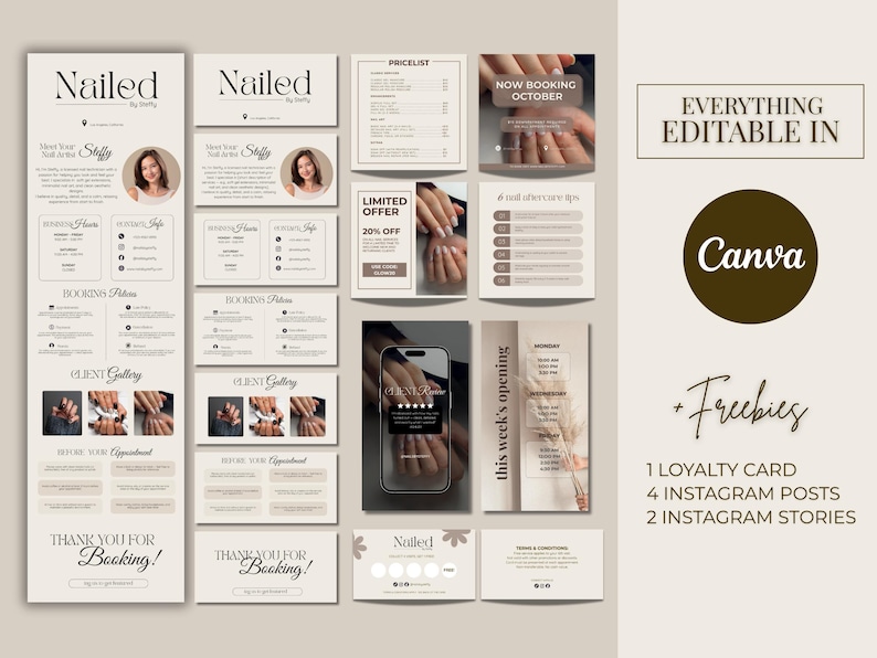 May include: A collection of marketing materials for a nail salon, including price lists, booking information, and client gallery examples. The design is in neutral tones with the text "Nailed" and "Everything Editable in Canva".