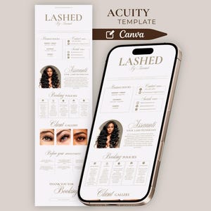 Op de afbeelding: Een digitaal Acuity-sjabloon voor Canva weergegeven op een smartphone en in een verticale lay-out. Het ontwerp bevat de tekst LASHED, openingstijden, contactgegevens, sociale media-links, een foto van een wimperstylist en boekingsbeleid.