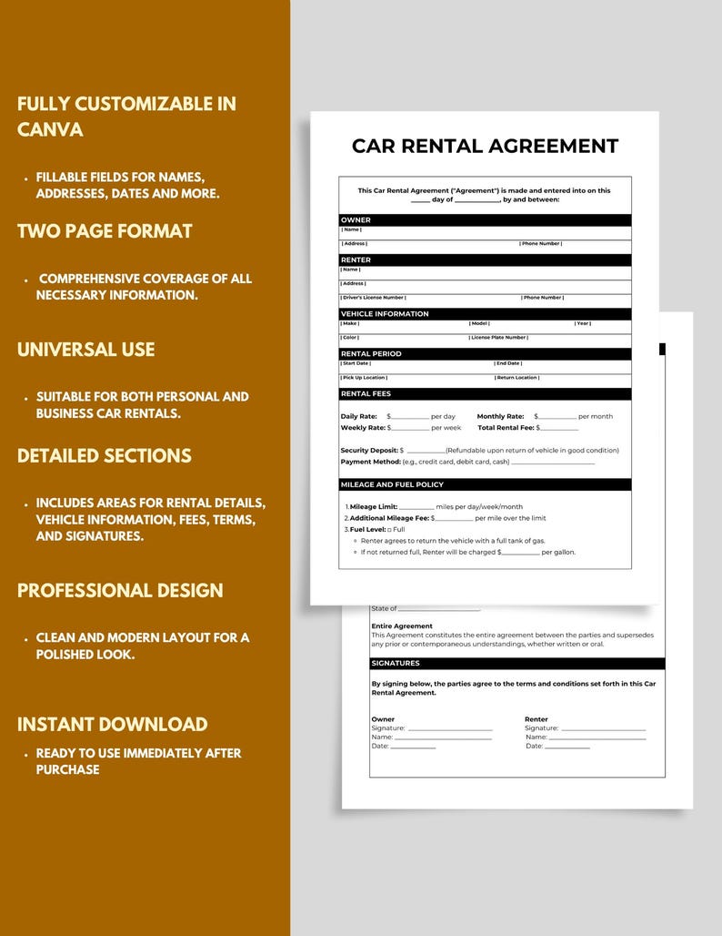 Car Rental Agreement Form, Vehicle Lease Contract, Car Lease Agreement ...