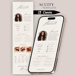 May include: A digital Acuity template for Lashes by Assanti displayed on a smartphone and a vertical layout. The design features a portrait of a person with long dark hair, business hours, contact details, appointment policies, and a client gallery.