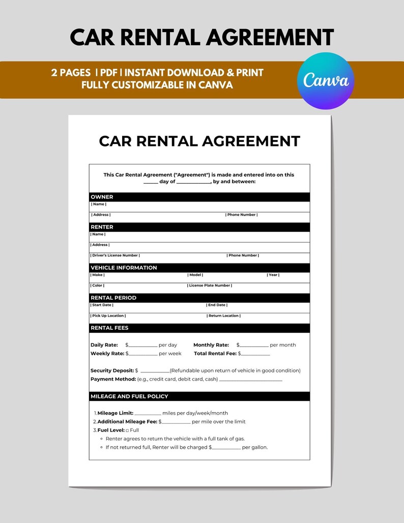Car Rental Agreement Form, Vehicle Lease Contract, Car Lease Agreement ...