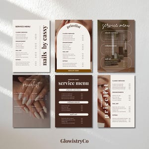 Könnte beinhalten: Sechs Nagel-Service-Menüs und Preislisten in einer neutralen Farbpalette. Die Menüs umfassen klassische Dienstleistungen, Erweiterungen und Nagelkunst. Der Text "nails by cassy" und "GlowistryCo" sind ebenfalls sichtbar.