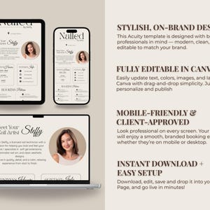 May include: A digital marketing template displayed on a tablet, phone, and laptop. The template features a beauty professional's profile with the text "Nailed by Steffy". The design is modern and clean, with a neutral color palette.