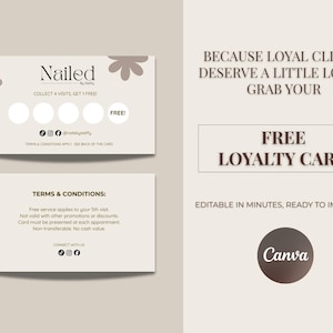 May include: A beige loyalty card design with the text "Nailed" and floral accents. The card offers a free service after four visits. The text "Free Loyalty Card" is also displayed. The Canva logo is visible.