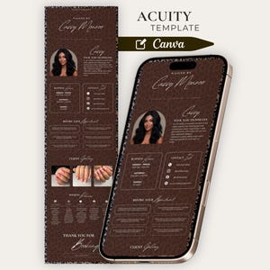 May include: A digital Acuity template for Canva displayed on a smartphone and a vertical layout. The design features a dark brown leopard print background with white text, a circular portrait, and sections for business hours, contact, and booking.