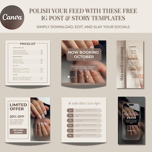 May include: A promotional graphic with the Canva logo and text: "Polish your feed with these free IG post & story templates." Includes templates for a pricelist, booking, opening hours, a limited offer, nail aftercare tips, and a phone.
