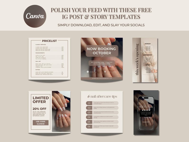 May include: A promotional graphic with the Canva logo and text: "Polish your feed with these free IG post & story templates." Includes templates for a pricelist, booking, opening hours, a limited offer, nail aftercare tips, and a phone.