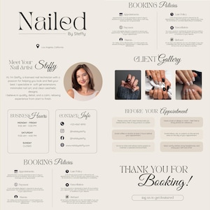 May include: A beige promotional flyer for a nail salon, "Nailed by Steffy," featuring a photo of the nail artist, examples of nail art, and booking policies. Includes business hours and contact information.