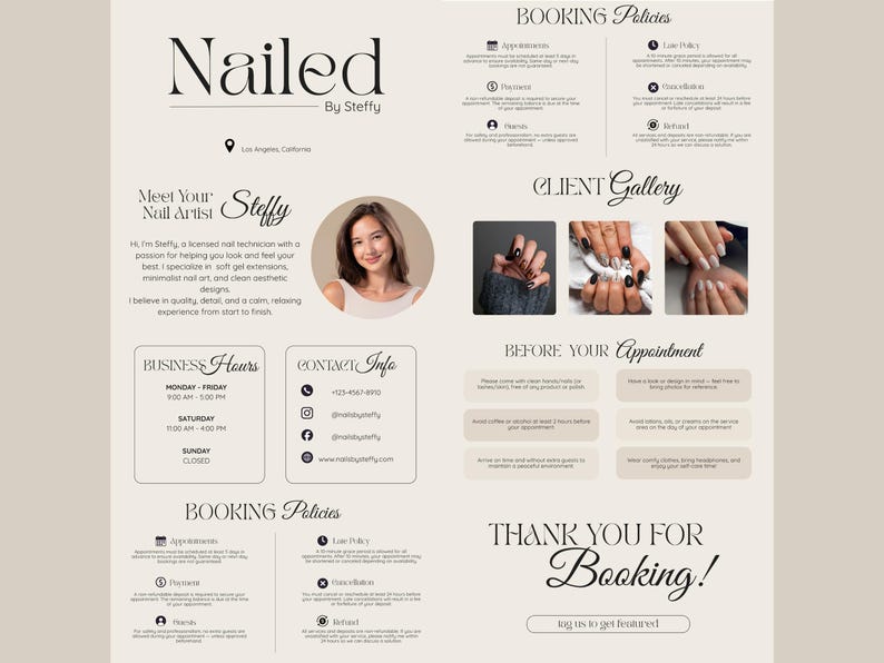May include: A beige promotional flyer for a nail salon, "Nailed by Steffy," featuring a photo of the nail artist, examples of nail art, and booking policies. Includes business hours and contact information.