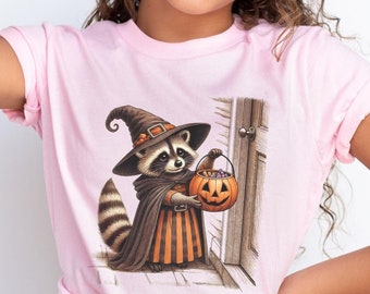 Camiseta de Halloween para niños y jóvenes con disfraz de mapache y truco o trato, camiseta de temporada espeluznante para niños, Halloween femenino, regalo para amantes de los mapaches