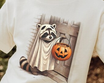 Camiseta de Halloween para niños y jóvenes con disfraz de mapache de fantasma, camiseta de temporada espeluznante para niños, camiseta divertida de animales, regalo para amantes de los mapaches