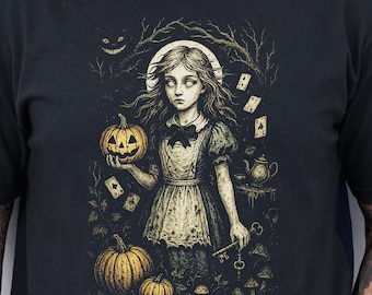 Gothic Halloween Alice Shirt, Creepy Fairy Tale Shirt, Spooky Wonderland Shirt, Witchcore Grunge Art Top, Dark Adventures in Wonderland Tee
