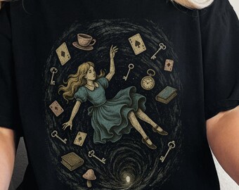 Down The Rabbit Hole Shirt, Fantasy Fairytale Tee, Vintage Alice, Cards & Rabbit Hole Art, Bookish, Gothic Aesthetic Shirt, Whimsical Top