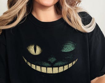 Creepy Grinning Feline Tee, Spooky Cat Face Shirt, Gothic Shadow Smile T-Shirt, Surreal Shirt, Halloween Shirt, Wonderland Cheshire Cat Top