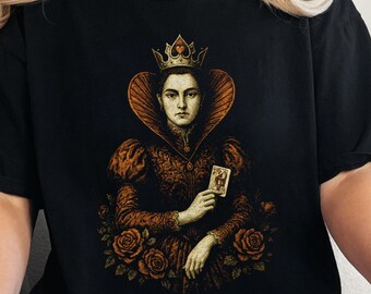 Gothic Queen of Hearts Shirt, Vintage Rose Queen Tee, Alice Fantasy T shirt, Queen Playing Card Top, Regal Occult, Dark Wonderland Design