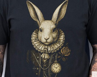 The White Rabbit Tshirt, Vintage Alice Adventures In Wonderland, Follow The White Rabbit Fan Tee, Mad Hatter Tea Party Steampunk Bunny Shirt