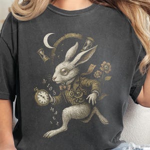 Steampunk White Rabbit Shirt, Dark Fantasy Timepiece Tee, Gothic Wonderland Top, Mad Hatter Vibes, Surreal Time Travel Graphic T-Shirt