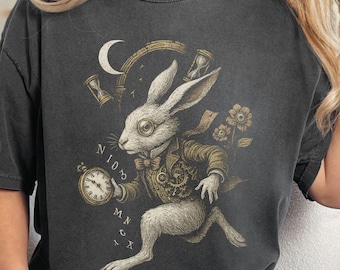 Steampunk White Rabbit Shirt, Dark Fantasy Timepiece Tee, Gothic Wonderland Top, Mad Hatter Vibes, Surreal Time Travel Graphic T-Shirt
