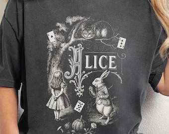 Vintage Alice Shirt, Storybook Rabbit Shirt, Whimsical Cheshire Cat & Cards T-Shirt, Literary Fairy Tale Aesthetic, Classic Wonderland Tee