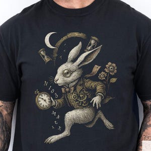Steampunk White Rabbit Shirt, Dark Fantasy Timepiece Tee, Gothic Wonderland Top, Mad Hatter Vibes, Surreal Time Travel Graphic T-Shirt
