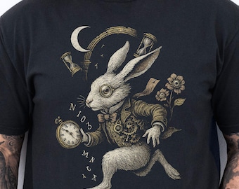 Steampunk White Rabbit Shirt, Dark Fantasy Timepiece Tee, Gothic Wonderland Top, Mad Hatter Vibes, Surreal Time Travel Graphic T-Shirt