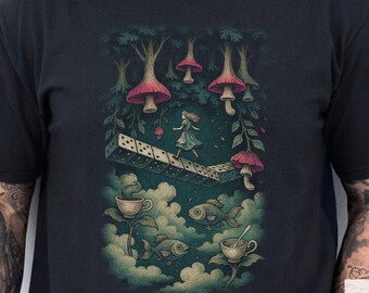 Surreal Forest Fantasy Shirt, Dreamcore Alice Tee, Floating Dice Mushroom Art Tee, Cloud Fish Wonderland T-Shirt, Psychedelic Fairy Tale Top