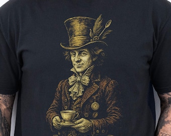 Steampunk Gentleman Shirt, Mad Hatter Tea Party T-Shirt, Dark Alice Top, Vintage Top Hat Art Tshirt, Wonderland Fashion, Surreal Clothing