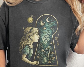 Keyhole Portal Fantasy Shirt, Surreal Wonderland Alice Tee, Dreamcore T-Shirt with Mushrooms, Gothic Fairy Tale Top, Psychedelic Wonderland