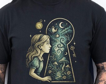 Keyhole Portal Fantasy Shirt, Surreal Wonderland Alice Tee, Dreamcore T-Shirt with Mushrooms, Gothic Fairy Tale Top, Psychedelic Wonderland