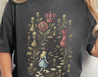 Chess Fantasy Alice Shirt, Surreal Storycore T-Shirt, Dreamy Garden Path Tee, Crowned Flower Art Top, Vintage Gothic Wonderland Shirt