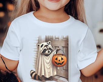 Camiseta de Halloween para niños y jóvenes con disfraz de mapache de fantasma, camiseta de temporada espeluznante para niños, camiseta divertida de animales, regalo para amantes de los mapaches