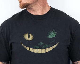 Creepy Grinning Feline Tee, Spooky Cat Face Shirt, Gothic Shadow Smile T-Shirt, Surreal Shirt, Halloween Shirt, Wonderland Cheshire Cat Top
