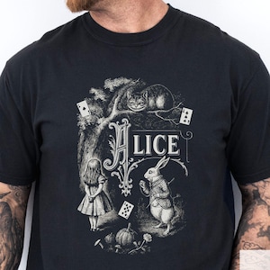 Vintage Alice Shirt, Storybook Rabbit Shirt, Whimsical Cheshire Cat & Cards T-Shirt, Literary Fairy Tale Aesthetic, Classic Wonderland Tee