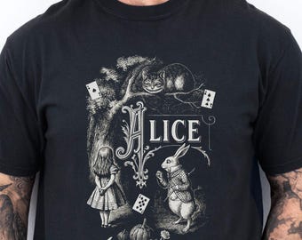 Vintage Alice Shirt, Storybook Rabbit Shirt, Whimsical Cheshire Cat & Cards T-Shirt, Literary Fairy Tale Aesthetic, Classic Wonderland Tee
