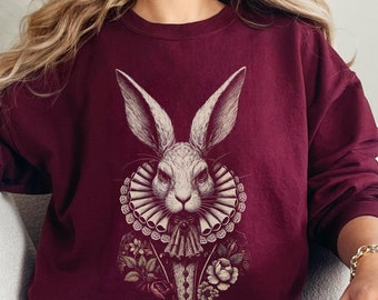 White Rabbit Halloween Sweater, Alice In Wonderland, Follow The White Rabbit Scary Horror Movie Fan, Mad Hatter Tea Party Spooky Sweatshirt