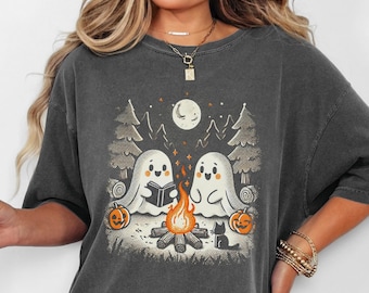 Koszulka z duchem na Halloween, koszulka z duchem do czytania, straszne wibracje sezonu, koszulka damska Boo, koszulka Scary Nights, życie na obozie, koszulka z duchem obozowicza