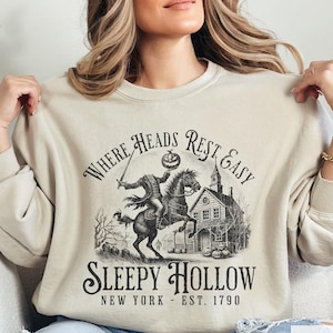 スリーピー ホロウ セーター、ホラー映画、ヘッドレスト ハロウィン パンプキン T シャツ、ダーク アカデミア、不気味な季節、首なし騎士のスウェットシャツ
