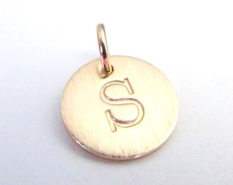 Gold Letter Charm | Half Inch Hand Stamped Initial Pendant | Uppercase | Lowercase | 14K Gold Filled Custom Jewelry E. Ria Designs