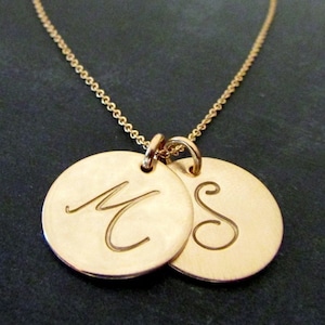 Gold Script Letter Necklace, Two Charm Initial Necklace, Gold Initial Charm Necklkace, Gold Monogram Necklace, Gold Filled Charm Necklace