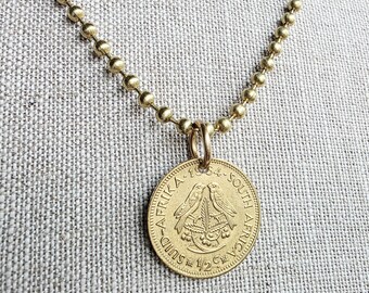 Vintage 1964 South Africa Coin Necklace, Bird Pendant, Handmade by E. Ria Designs