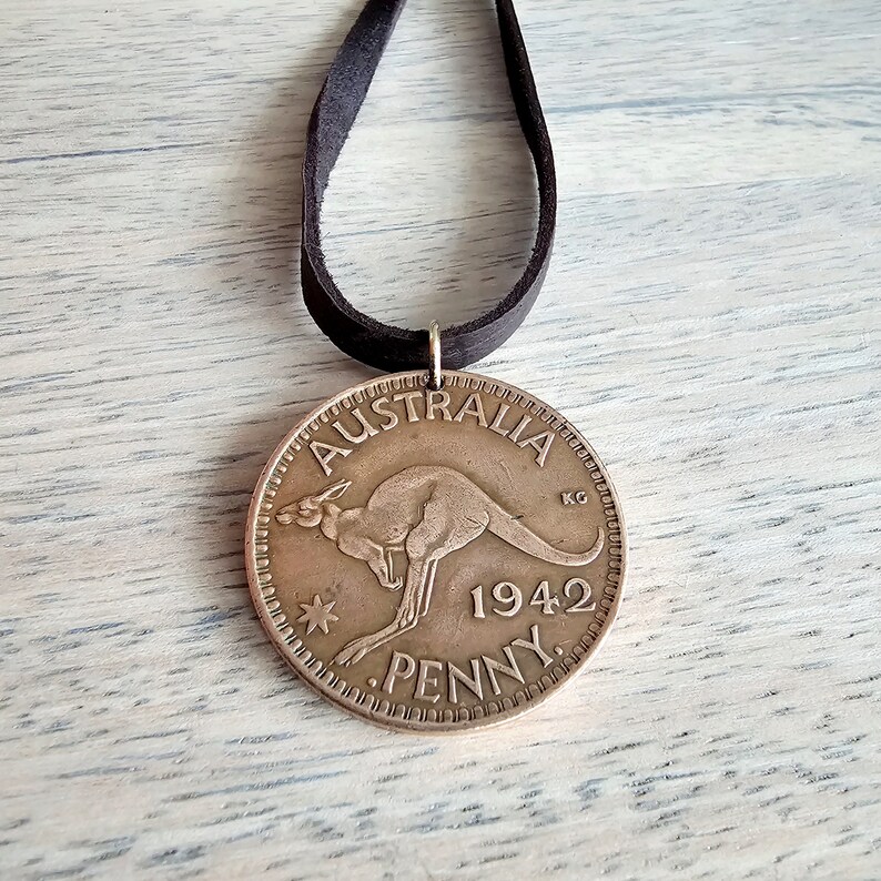 Vintage Australia Coin Necklace, Kangaroo Penny, King George, Brown Leather Cord Chain, 24 Inches, Made in USA by E. Ria Designs, Gift Boxed image 1