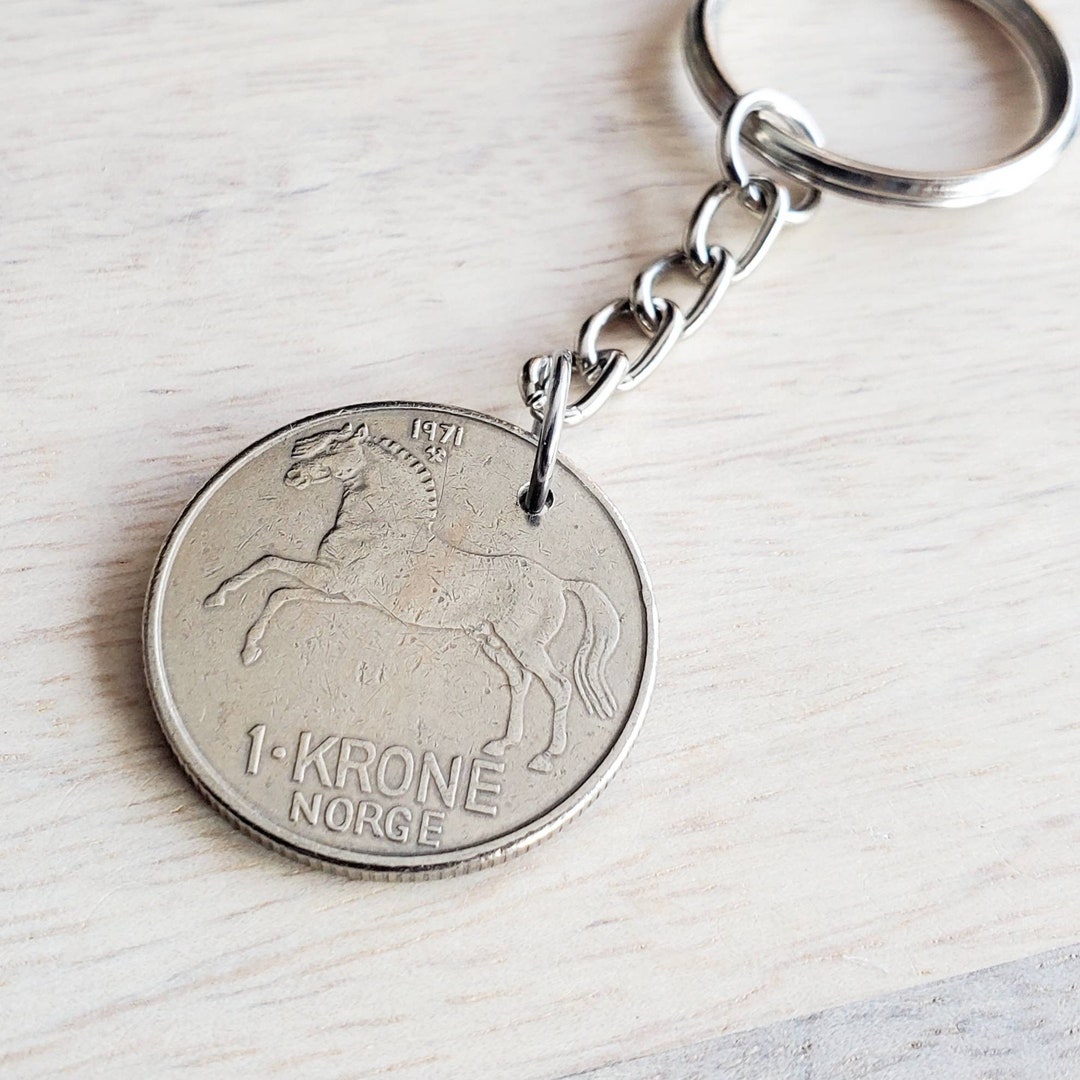 Horse Keychain, Norway 1971 1 Krone Coin, Silver Keyring